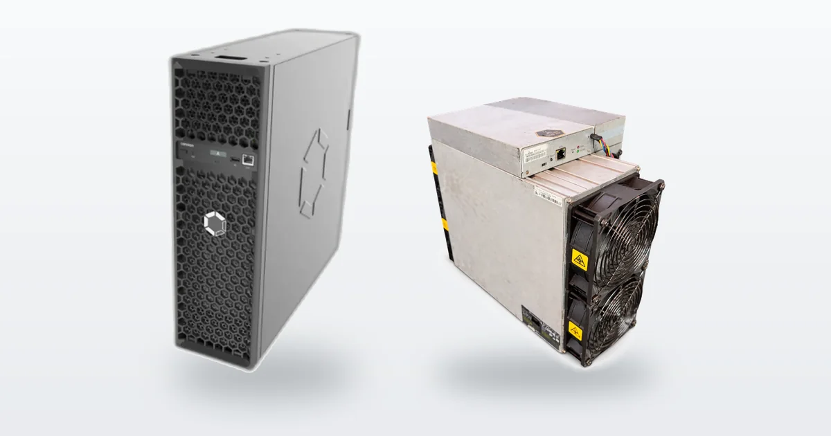 A Canaan Avalon Q 90T home Bitcoin miner and a used Bitmain Antminer S19k Pro 120TH Bitcoin miner.