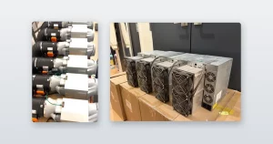 A row of miners lined up and cabled ready to ship and miners staged on shipping crates in a warehouse.