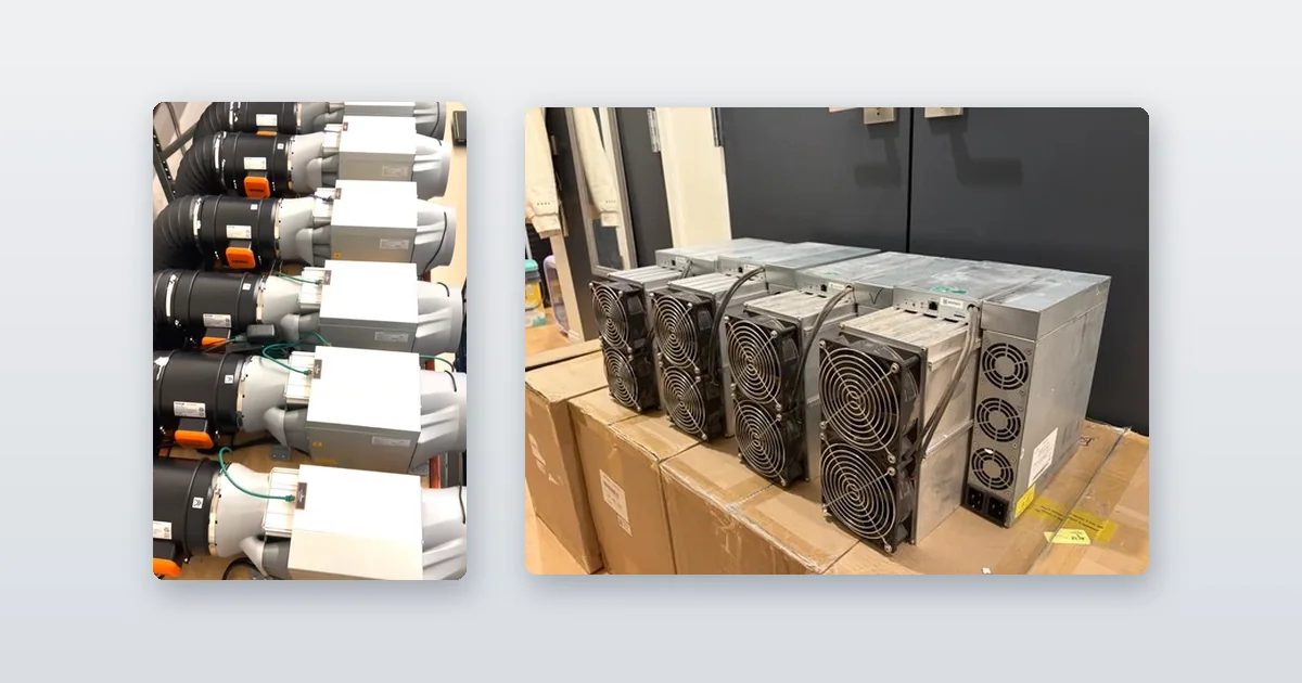 A row of miners lined up and cabled ready to ship and miners staged on shipping crates in a warehouse.