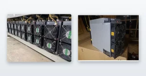 A long row of miners racked and running and an Antminer S19-series miner set up and running in a room.