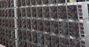 A wall of used Antminer S19s stacked on end indoors.
