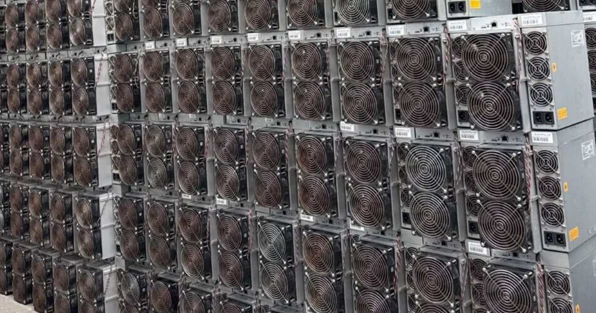 A wall of used Antminer S19s stacked on end indoors.