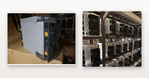 An Antminer S19-series miner set up and running in a room and Antminer S19s racked on steel shelving and running.
