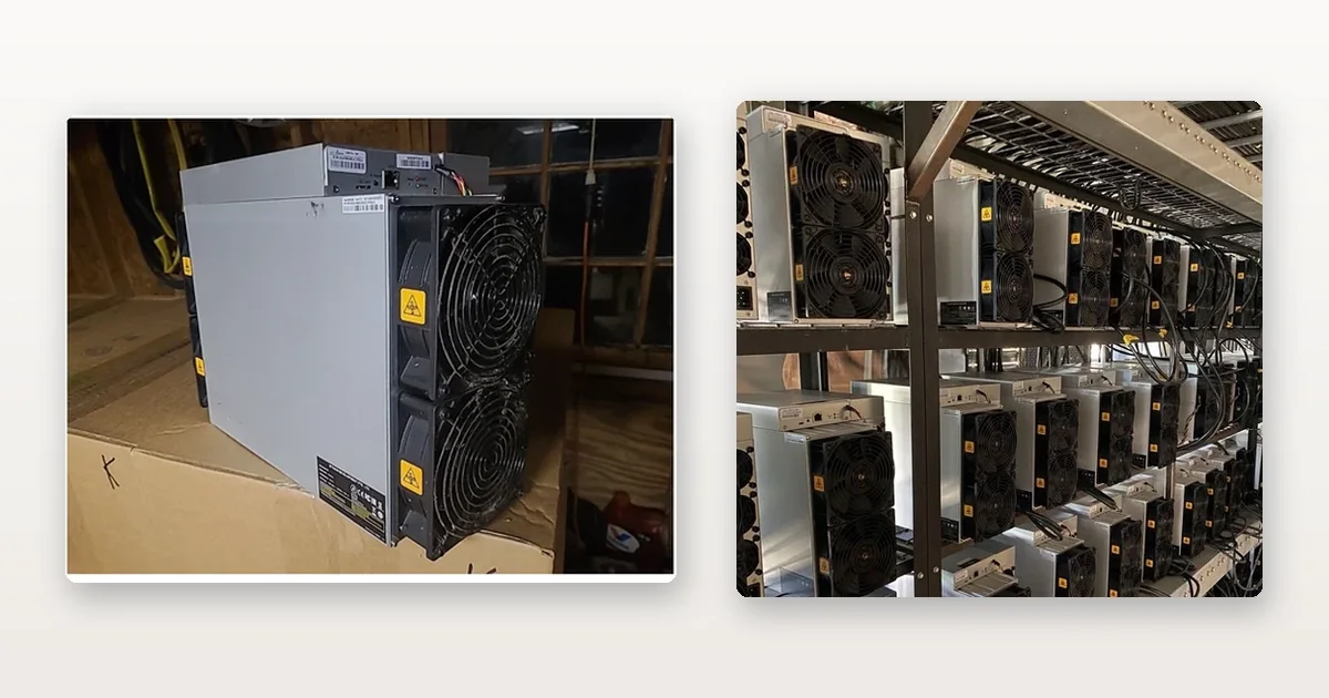 An Antminer S19-series miner set up and running in a room and Antminer S19s racked on steel shelving and running.