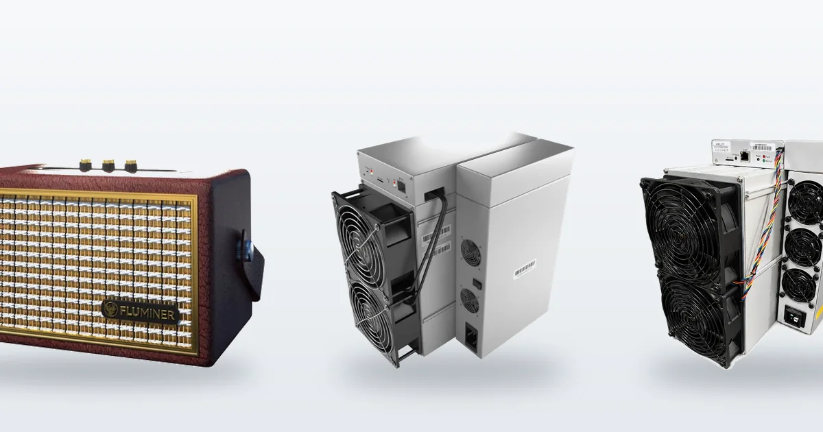 A Fluminer L2 scrypt miner, an IceRiver AE3 Aleo miner and a Bitmain Antminer KS5 Pro 21TH/s Kaspa miner.