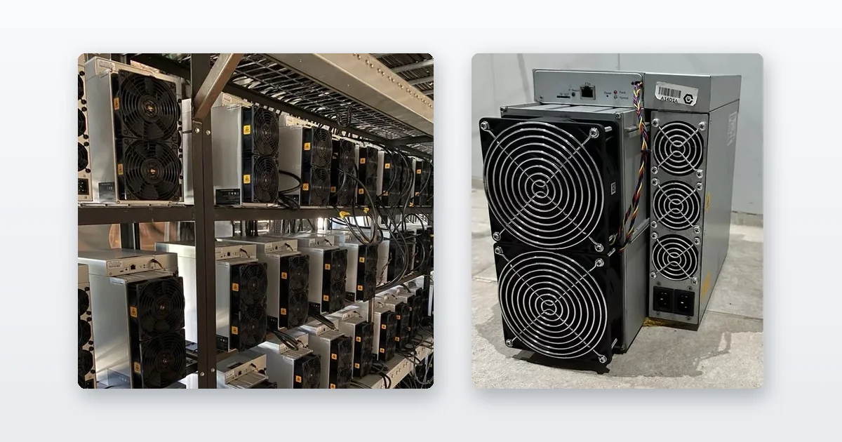Antminer S19s racked on steel shelving and running and a Bitmain Antminer S19 standing on a concrete floor.