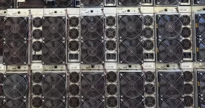Used Antminer S19s stacked in a dense wall.