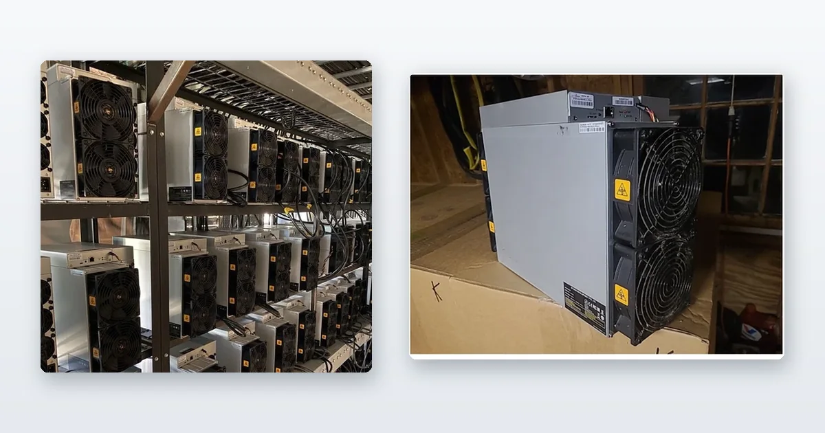 Antminer S19s racked on steel shelving and running and an Antminer S19-series miner set up and running in a room.