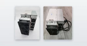 A white-cased ASIC miner seen from the fan end and an ASIC miner with its power cable coiled beside it.