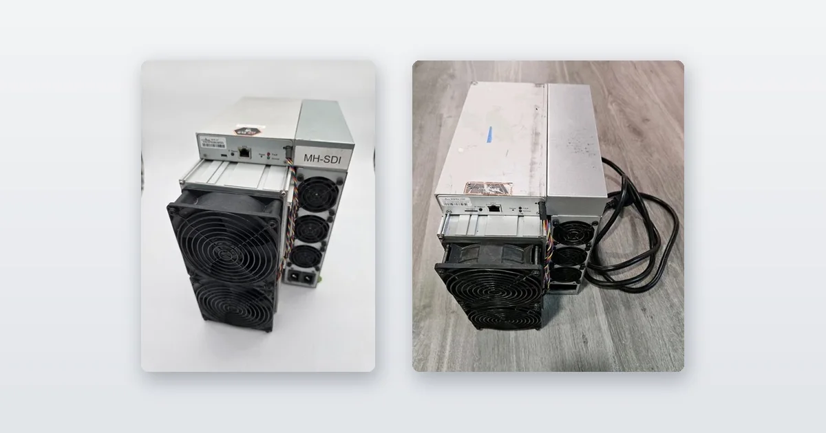 A white-cased ASIC miner seen from the fan end and an ASIC miner with its power cable coiled beside it.