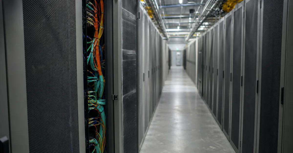 An aisle of grey server cabinets in a data hall, one cabinet open showing bundled fibre.