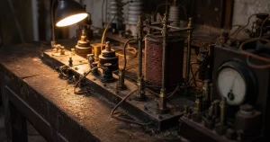 A dusty high-voltage laboratory bench: porcelain insulators, a large air-core coil, brass terminals and cloth-insulated wiring.