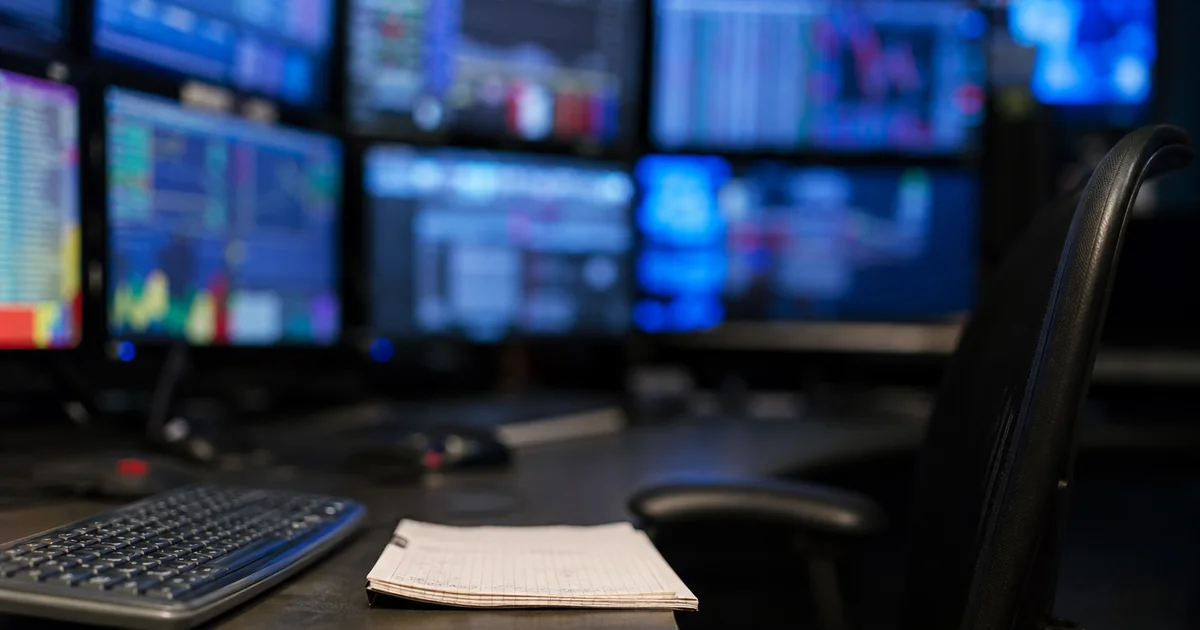 A dim trading desk seen from behind: a keyboard and paper notebook in focus, the monitors behind them reduced to soft coloured glow.