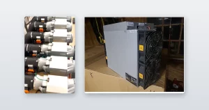 A row of miners lined up and cabled ready to ship and an Antminer S19-series miner set up and running in a room.