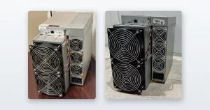 A Bitmain Antminer S19 standing on a desk and a Bitmain Antminer S19 standing on a concrete floor.