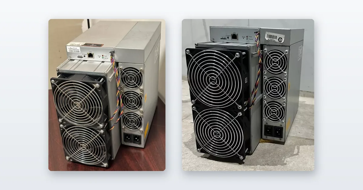 A Bitmain Antminer S19 standing on a desk and a Bitmain Antminer S19 standing on a concrete floor.