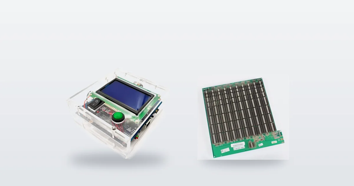 A universal Antminer hashboard test fixture and an Antminer S19 Pro hashboard.