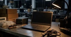 A small electronics workshop at night: an open laptop on a steel bench among shipping boxes, a label printer and hand tools.