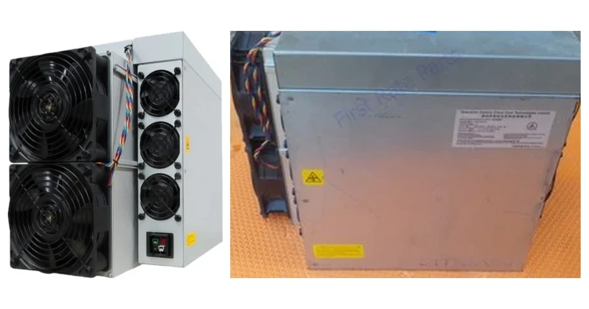 The two altcoin ASIC miners ING Mining stocks, side by side and at the same scale because both boxes are the same height: on the left a used Bitmain Antminer KS5 Pro, a grey steel Kaspa miner with two large black intake fans on its end face and a three-fan power supply bolted along its side; on the right a Bitmain Antminer L9 17G Scrypt miner for Litecoin and Dogecoin, a bare grey chassis photographed on an orange workshop mat with its manufacturer label and yellow high-voltage warning stickers visible on the side panel.