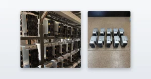 Antminer S19s racked on steel shelving and running and ten small ASIC miners lined up on the floor.