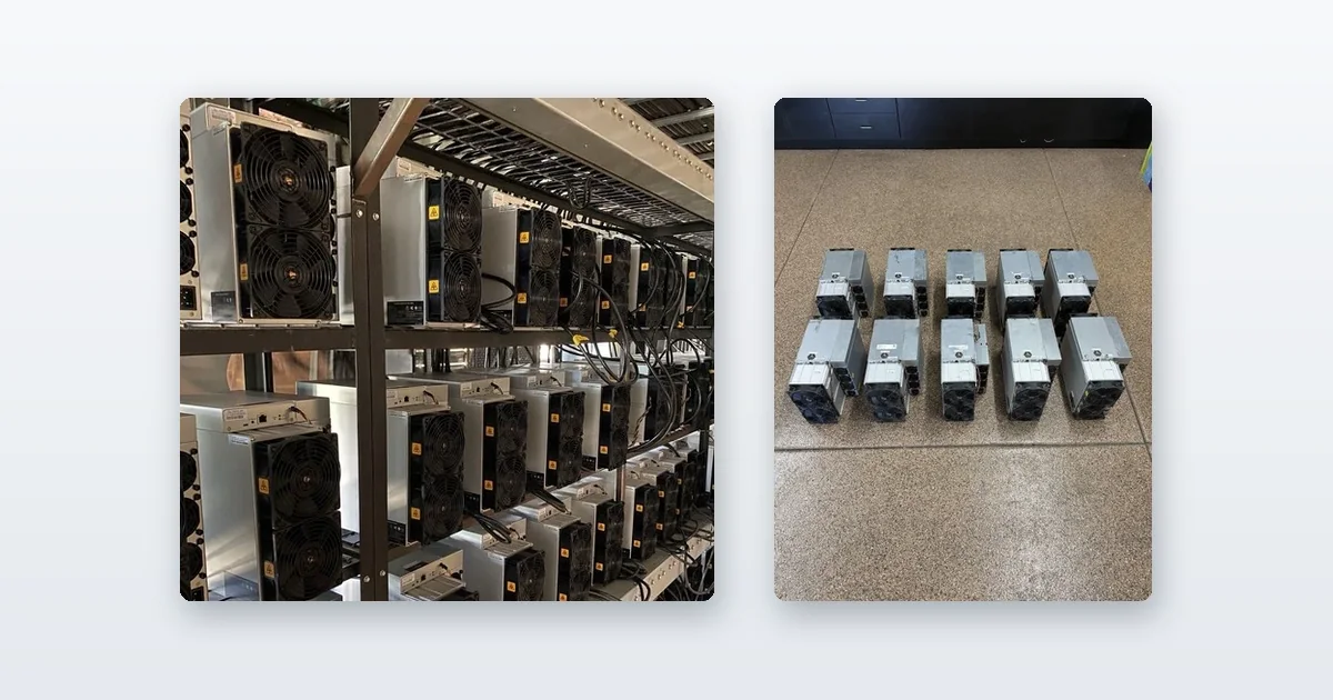 Antminer S19s racked on steel shelving and running and ten small ASIC miners lined up on the floor.