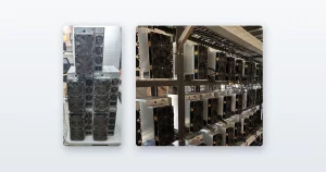 Used miners stacked five high and Antminer S19s racked on steel shelving and running.
