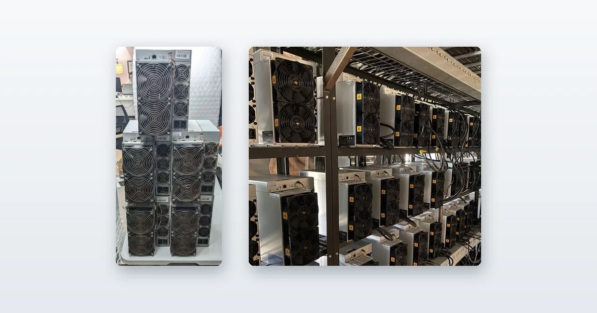 Used miners stacked five high and Antminer S19s racked on steel shelving and running.
