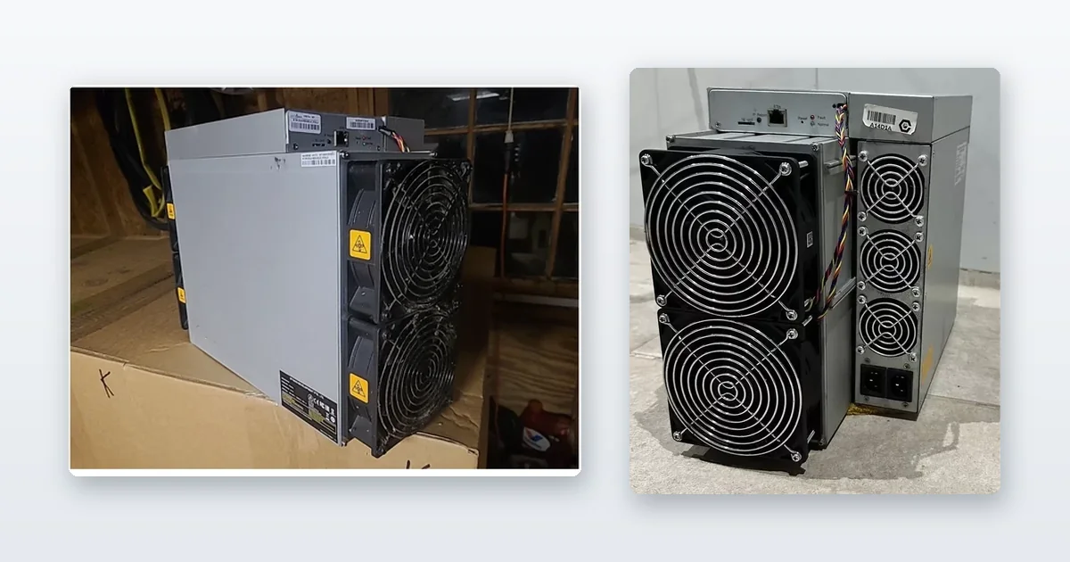 An Antminer S19-series miner set up and running in a room and a Bitmain Antminer S19 standing on a concrete floor.