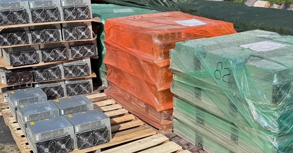 Used Antminer S19s wrapped and banded on pallets in the yard.