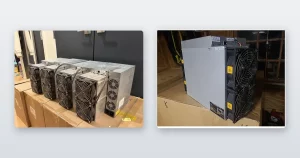 Miners staged on shipping crates in a warehouse and an Antminer S19-series miner set up and running in a room.