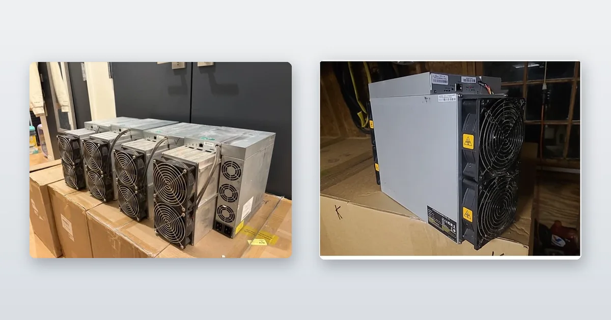 Miners staged on shipping crates in a warehouse and an Antminer S19-series miner set up and running in a room.