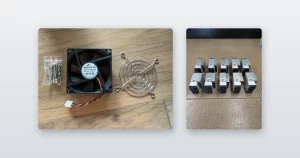 A replacement miner fan with its finger guard and screws and ten small ASIC miners lined up on the floor.