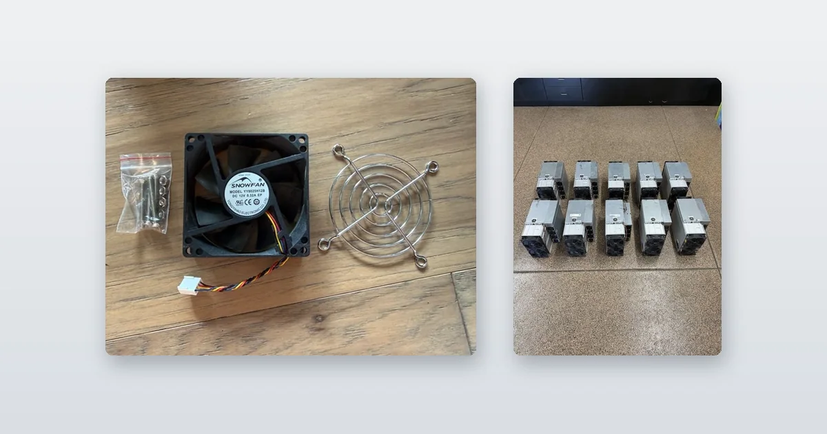A replacement miner fan with its finger guard and screws and ten small ASIC miners lined up on the floor.