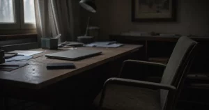 A dim, deserted office desk at night: scattered paperwork, a laptop left open and an empty chair pushed aside.