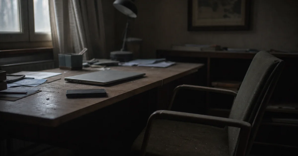 A dim, deserted office desk at night: scattered paperwork, a laptop left open and an empty chair pushed aside.