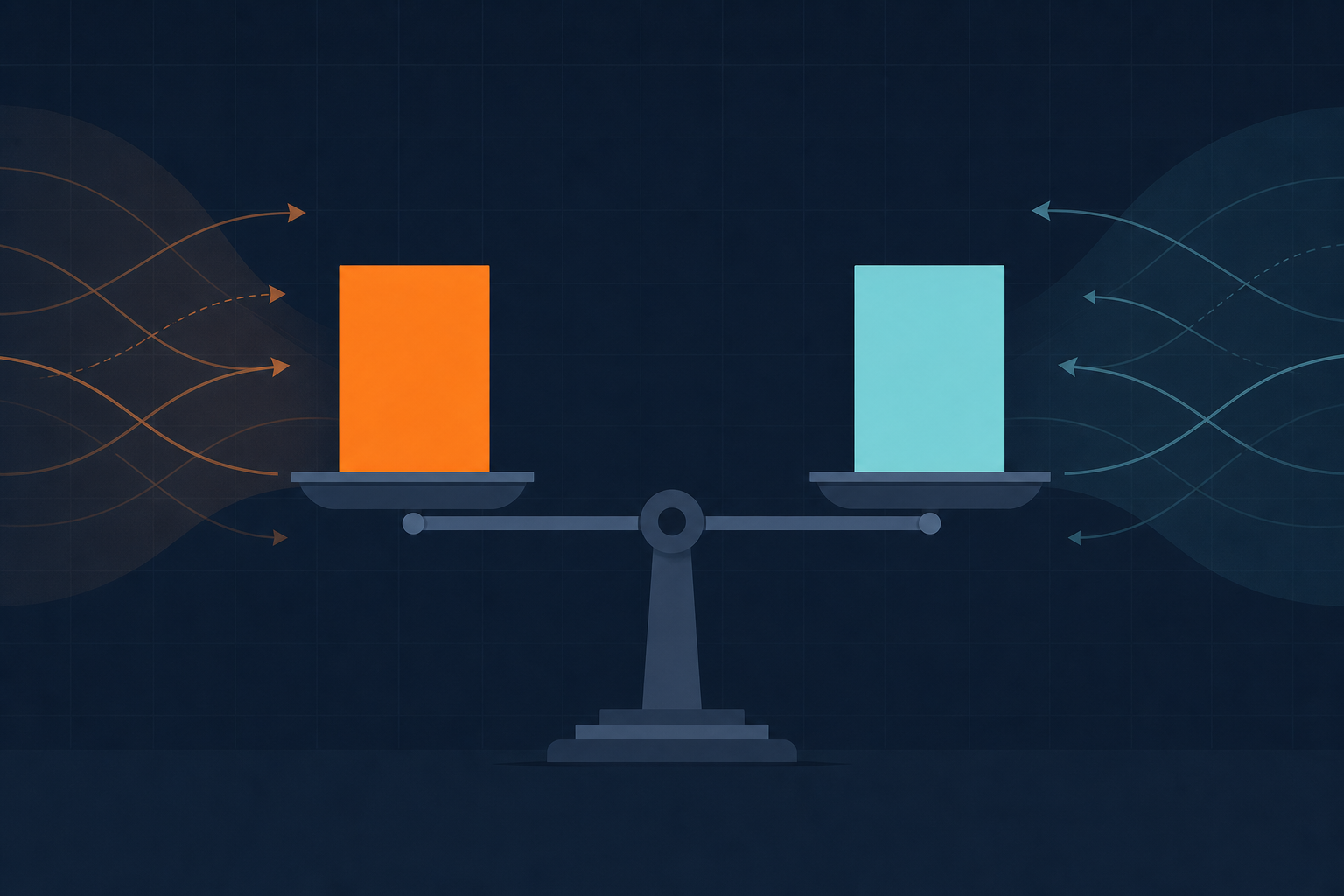 Flat illustration of a perfectly level balance scale holding two identical abstract blocks, representing two Bitcoin miners that are evenly matched on efficiency