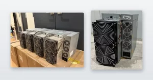 Miners staged on shipping crates in a warehouse and a Bitmain Antminer S19 standing on a concrete floor.