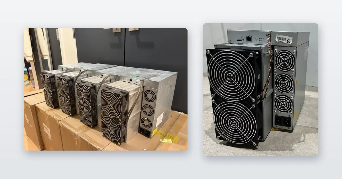 Miners staged on shipping crates in a warehouse and a Bitmain Antminer S19 standing on a concrete floor.