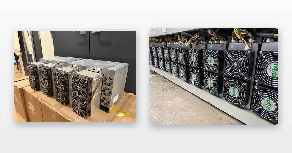 Miners staged on shipping crates in a warehouse and a long row of miners racked and running.