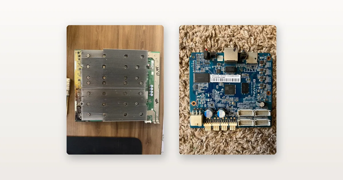 An ASIC hashboard laid out on a workbench and a Bitmain Antminer control board out of its chassis.