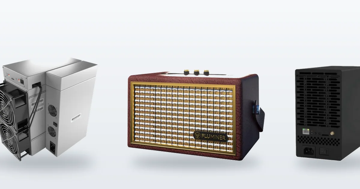 An IceRiver AE3 Aleo miner, a Fluminer L2 scrypt miner and an IceRiver KS7 Lite Kaspa miner.