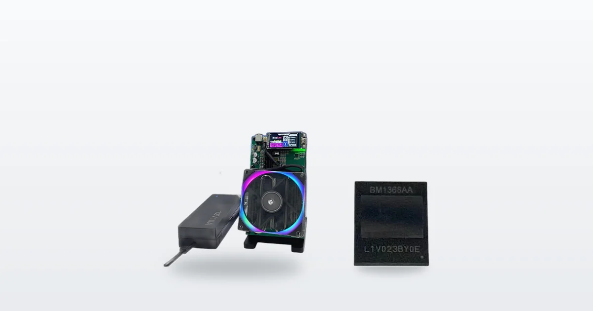 A Bitaxe NerdQaxe++ solo Bitcoin miner and a Bitmain BM1368AA mining ASIC chip.