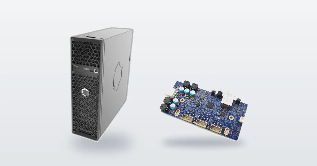 A Canaan Avalon Q 90T home Bitcoin miner and an Avalon 1166 Pro control board.