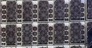 Used Antminer S19s stacked in a dense wall.