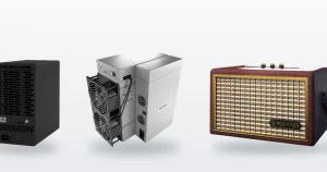 An IceRiver KS7 Lite Kaspa miner, an IceRiver AE3 Aleo miner and a Fluminer L2 scrypt miner.