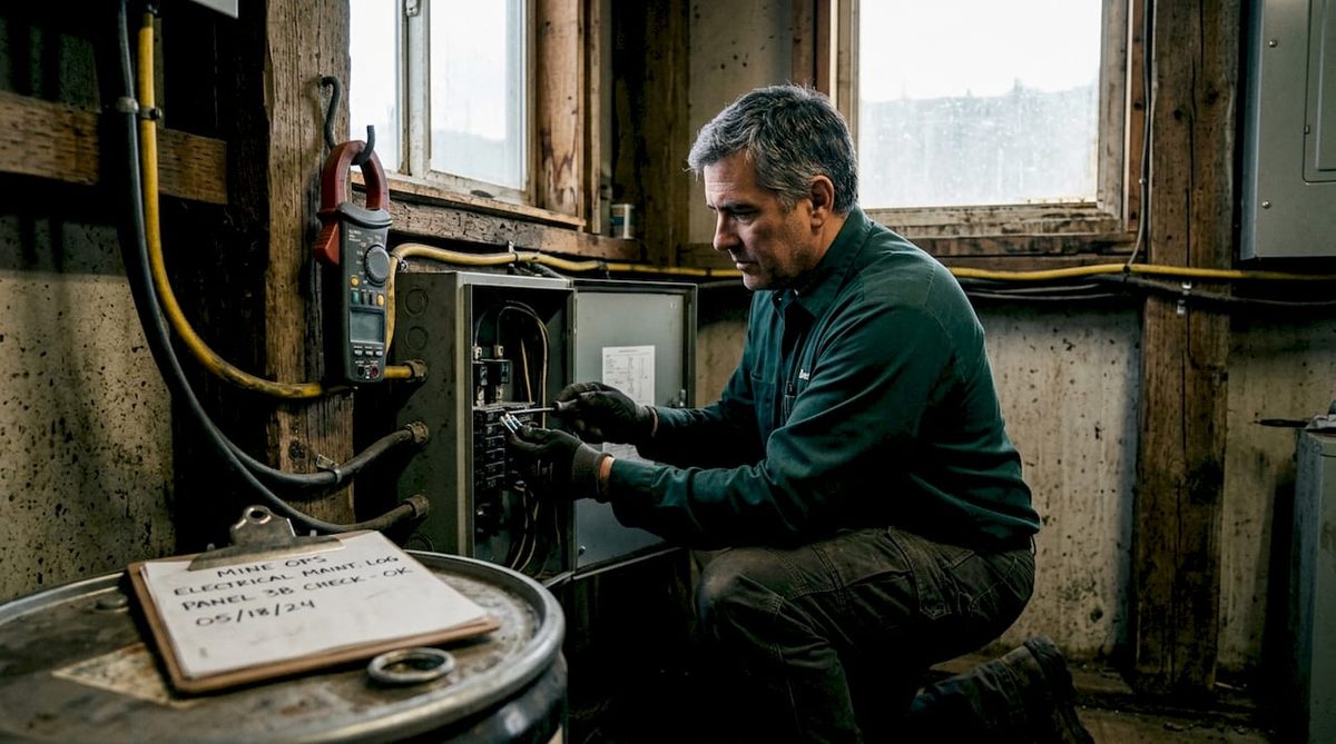 Electrician at open panel in mining facility
