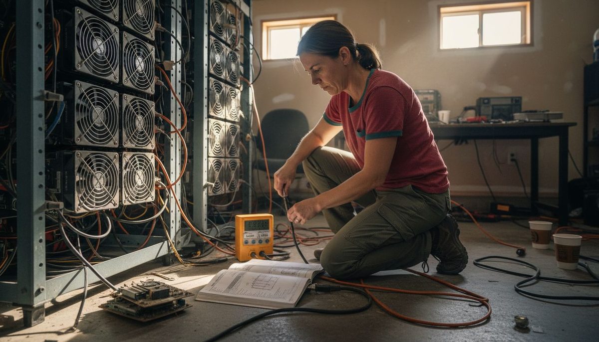 Engineer servicing ASIC bitcoin mining hardware