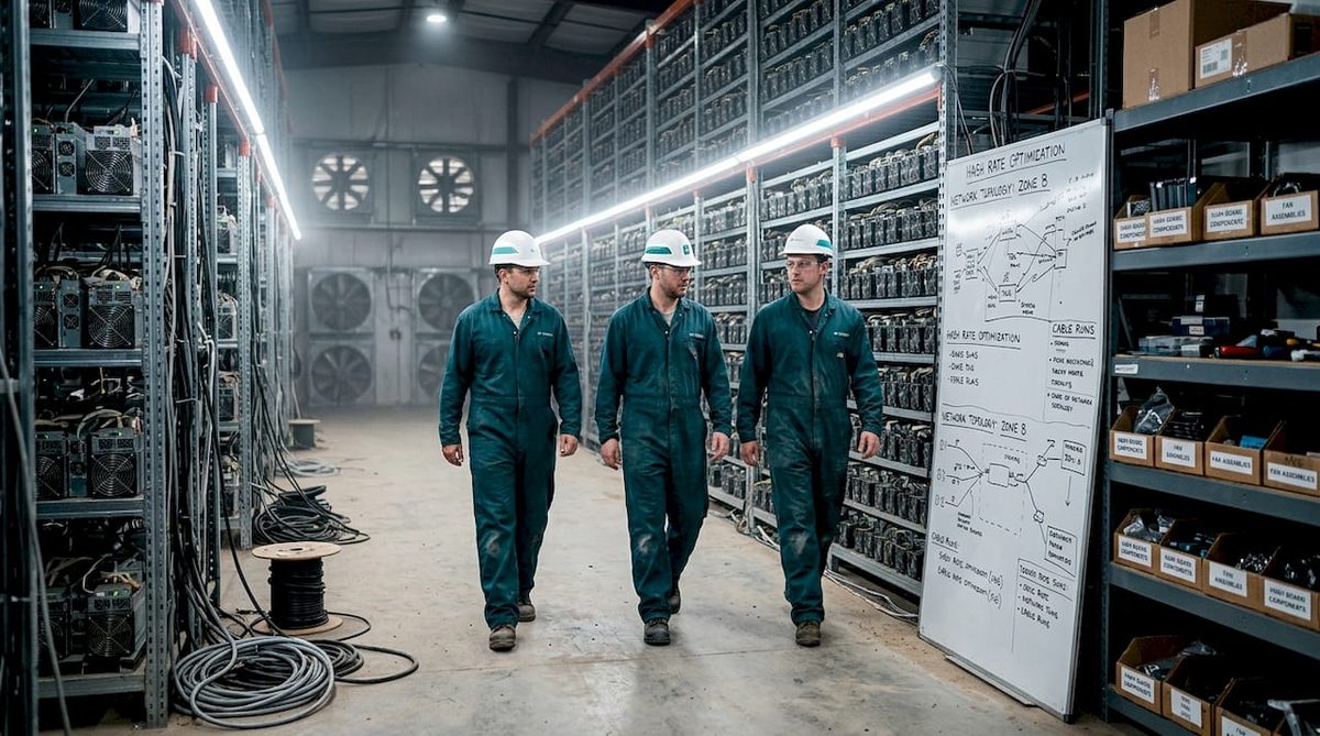 Industrial-scale mining farm with technicians
