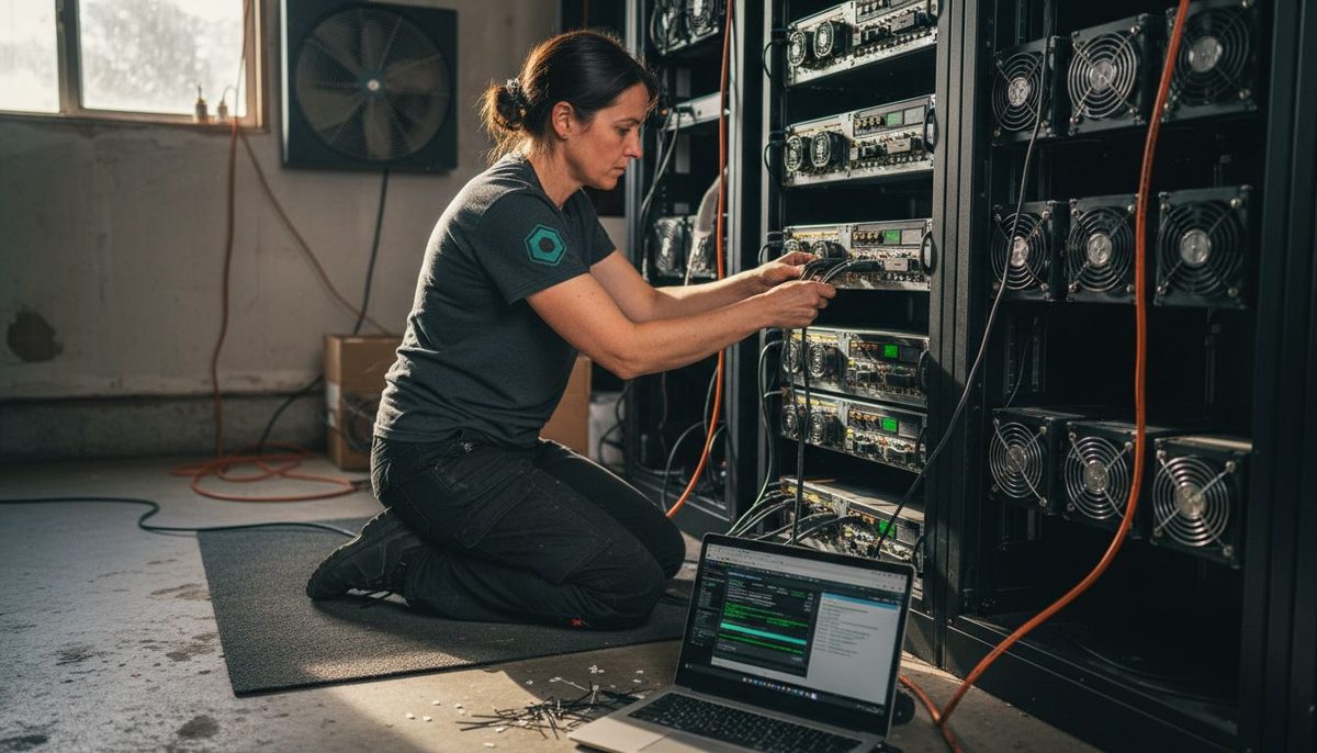 Technician checking power connections on an ASIC miner before installation