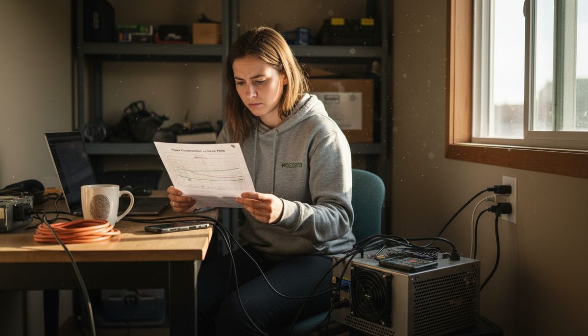 Buyer checking an ASIC miner's specification and serial details before paying